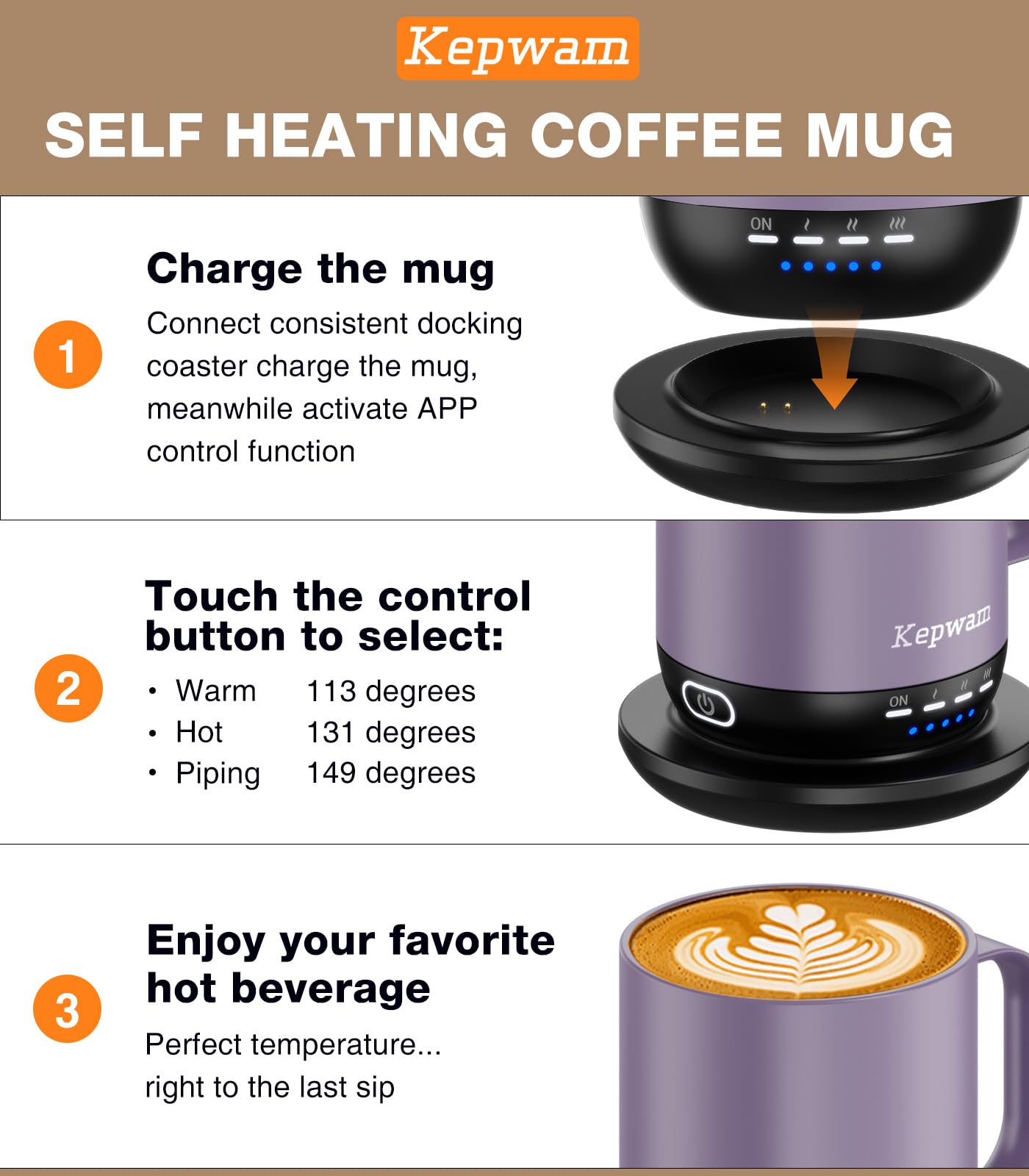 Kepwam mug with lid demonstrates 14 oz capacity for daily coffee