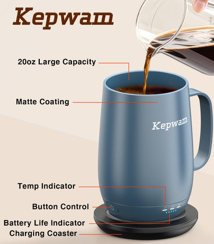 Kepwam T2-Plus 20oz mug battery indicator signaling long heat retention capability.