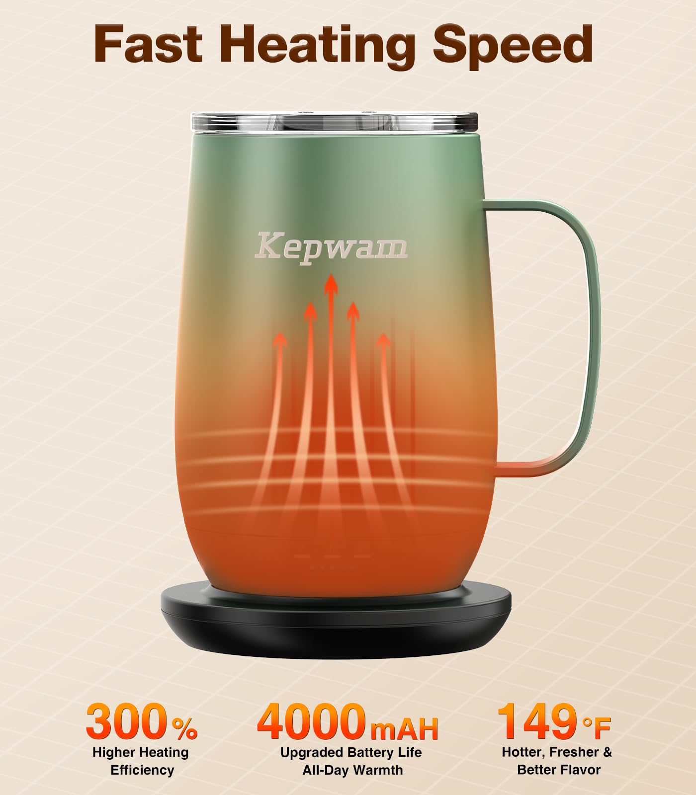 Kepwam T2-Plus 20oz mug with lid on keeps beverage hot longer.
