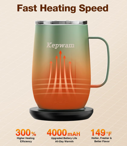 Kepwam T2-Plus 20oz mug with lid on keeps beverage hot longer.