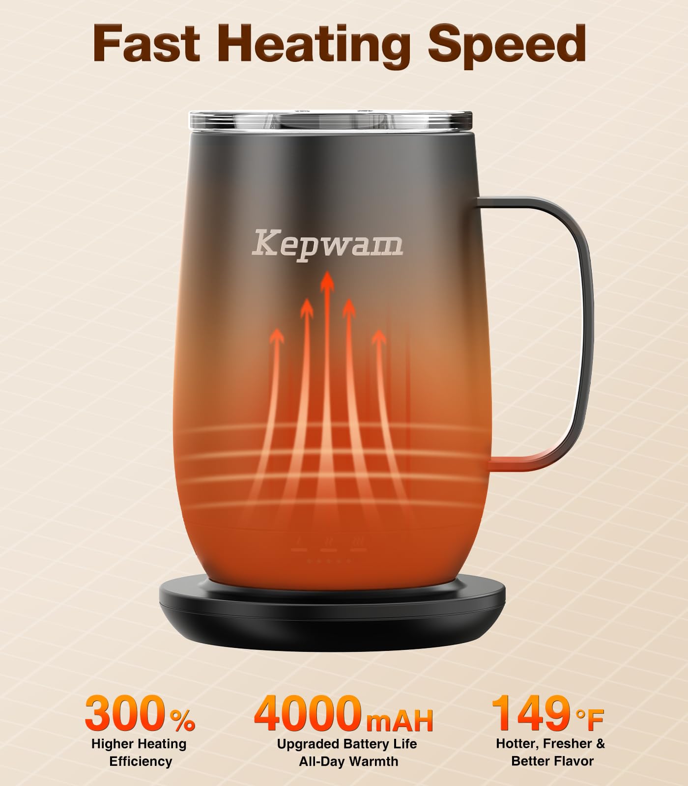 Kepwam T2-Plus shows 8-hour battery keeping beverages warm all day.