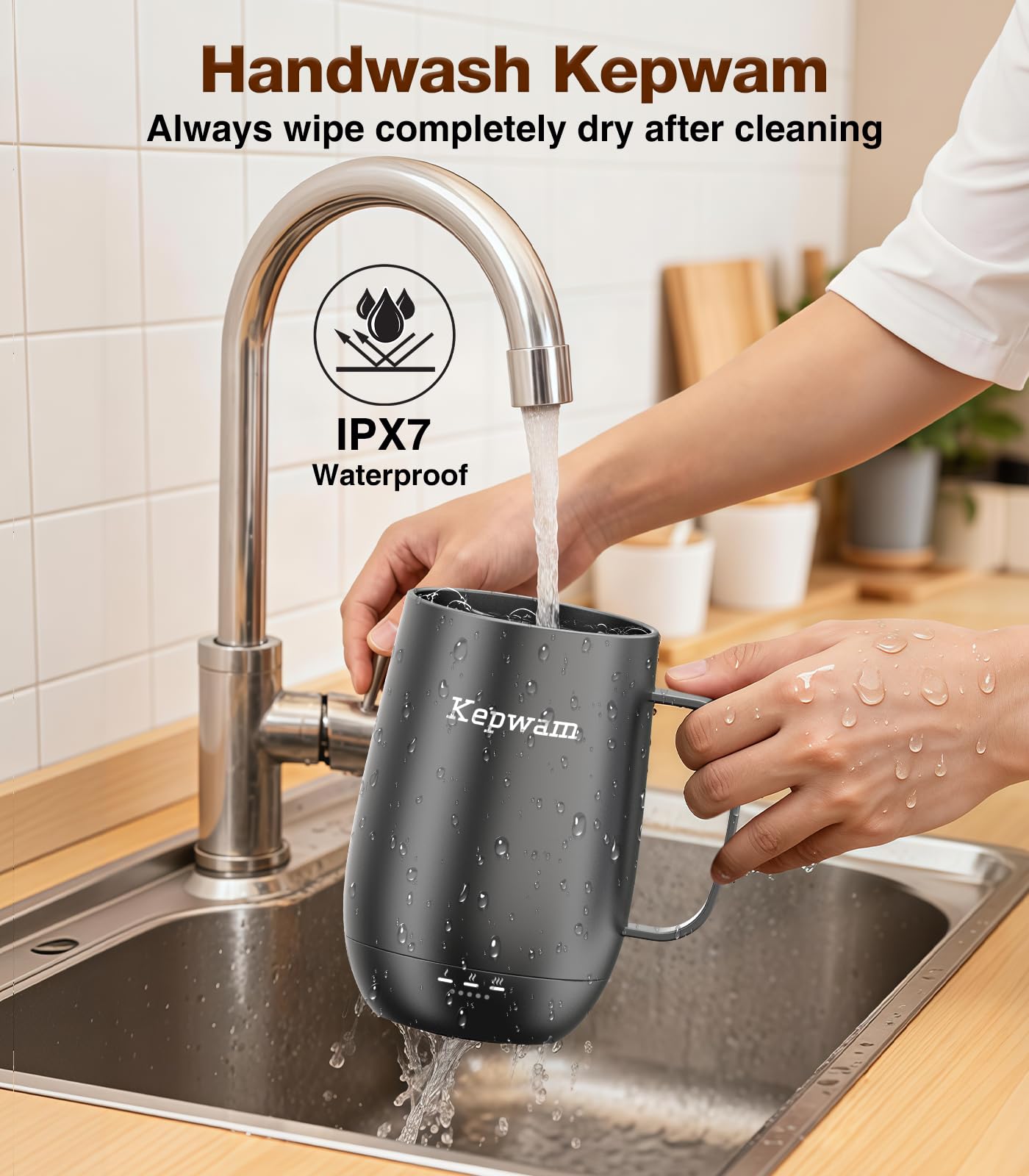 Kepwam care instruction icon for hand wash only on Kepwam mug.