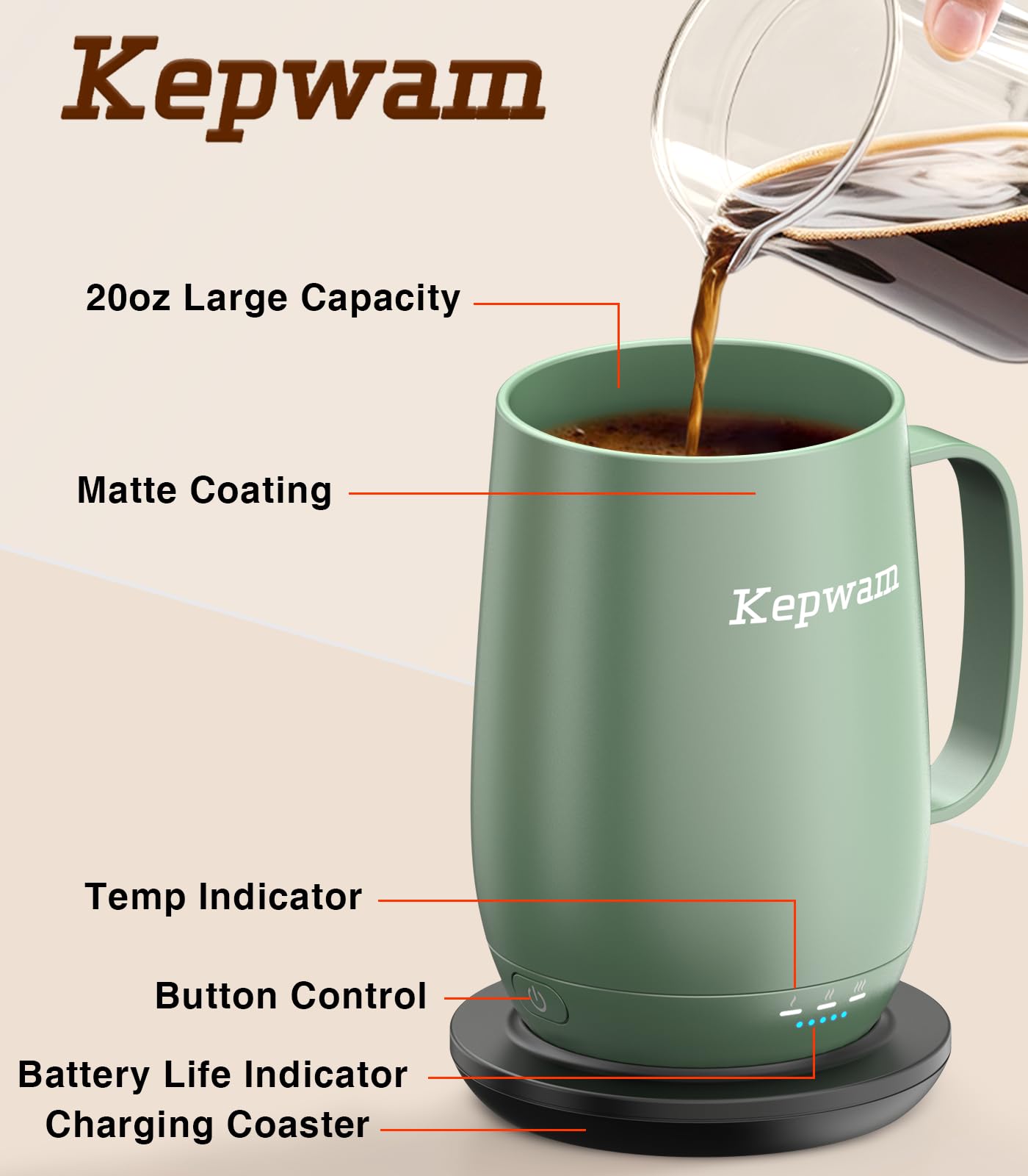 Kepwam T2-Plus LED control displays three temperature presets for easy sipping.