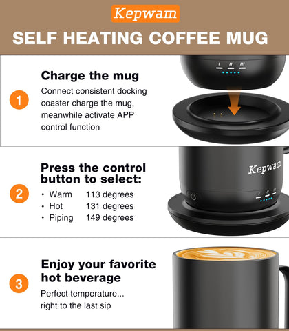 Kepwam mug with adjustable temps 113, 131, 149°F.