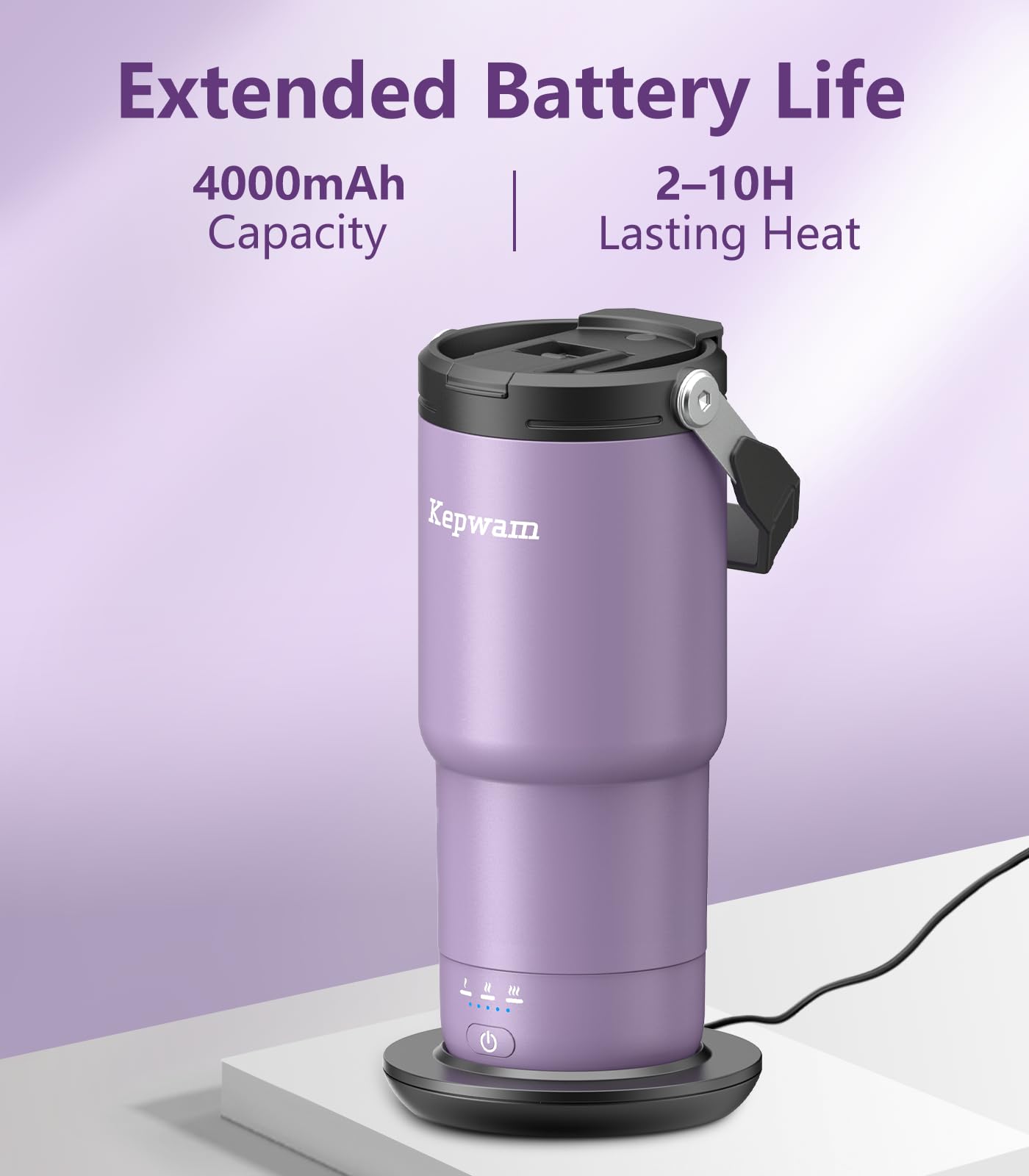 Kepwam temperature settings 113-149°F displayed for precise on-the-go warming.