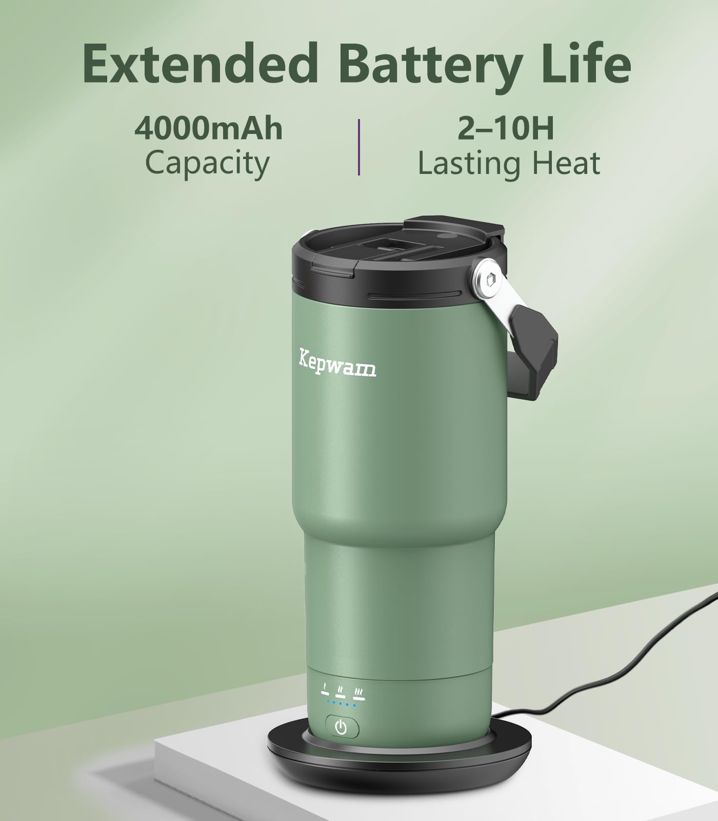 Kepwam mug showing 113°F, 131°F, 149°F temperature presets for precise heat