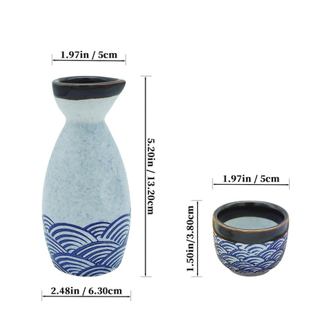 KeQiu four sake cups in blue wave design for shared tasting