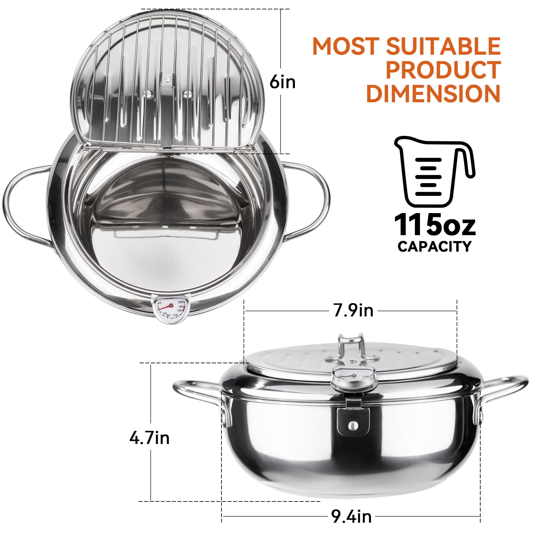 Kerilyn Deep Fryer Pot thermometer display enables precise temperature control.