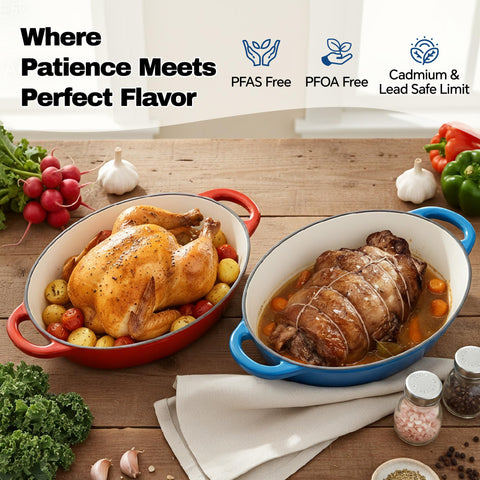 Kerilyn oval Dutch Oven lid design promotes steam circulation for tender braised dishes.