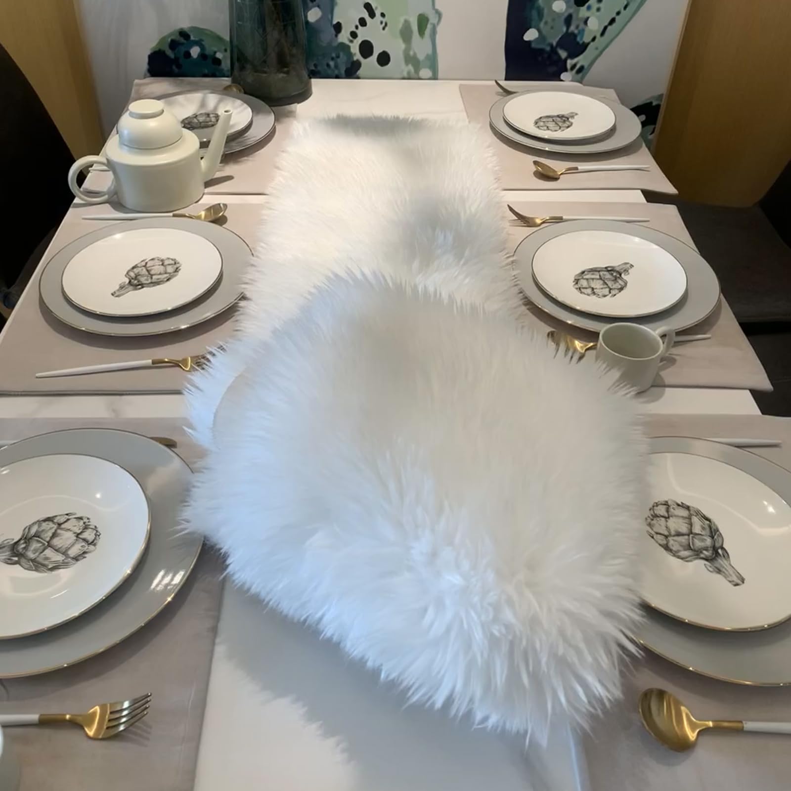 KERTFGOKU white faux fur table runner in party setup with tableware