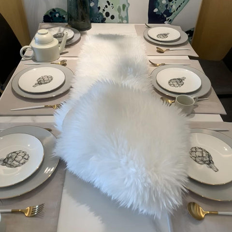 KERTFGOKU white faux fur table runner in party setup with tableware