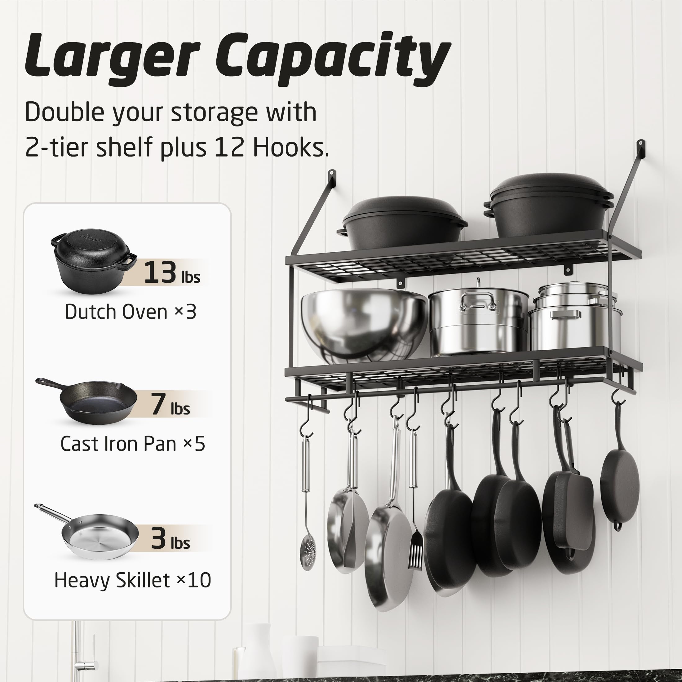 KES 30-Inch Pot Rack with 12 hooks organizes pots, pans, and utensils.