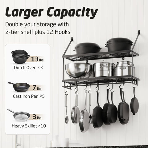 KES 30-Inch Pot Rack with 12 hooks organizes pots, pans, and utensils.
