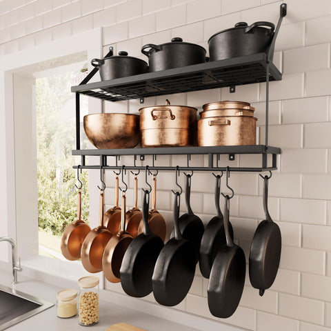 KES 30-Inch Pot Rack grid shelf keeps pots within easy reach and organized.