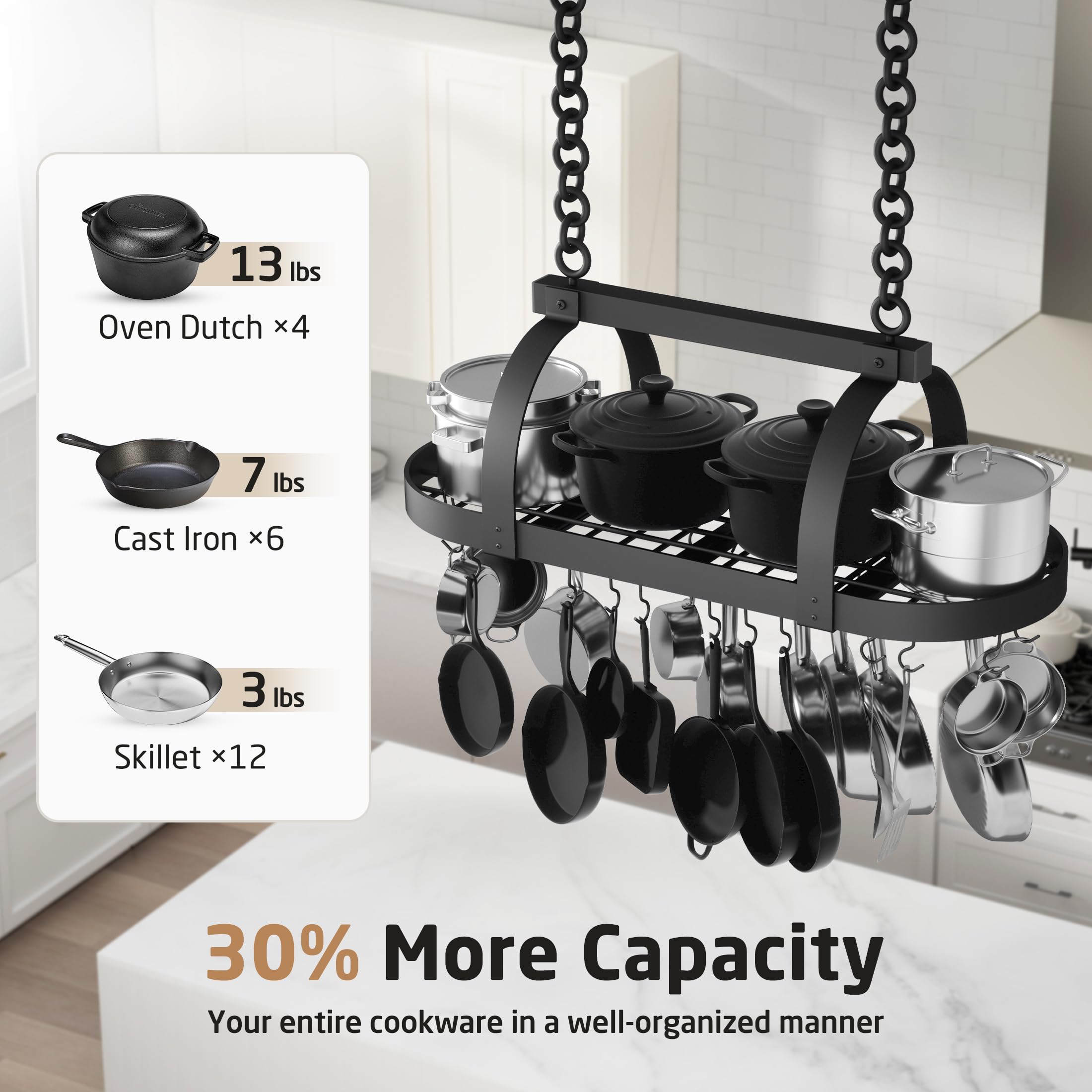 KES 48-Inch hanging pot rack side view highlighting sturdy frame for heavy pans