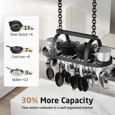 KES 48-Inch hanging pot rack side view highlighting sturdy frame for heavy pans