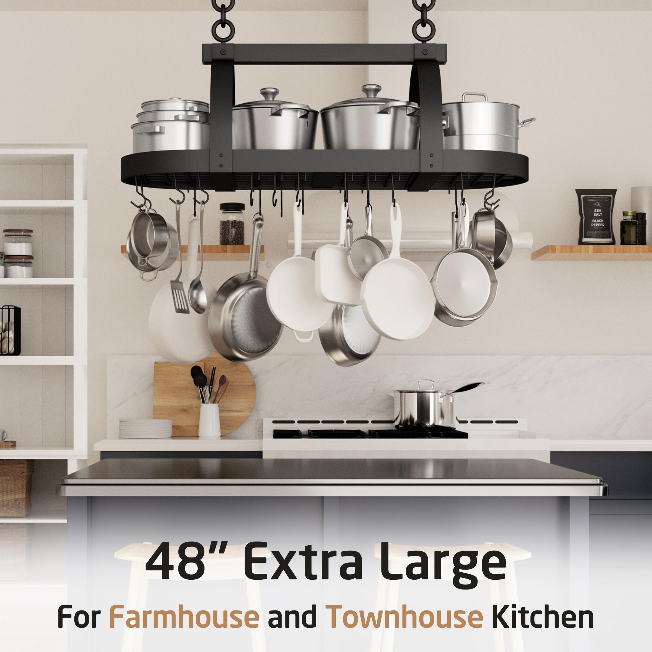 KES pot rack 20-hooks close-up illustrating versatile hooks for pots and lids