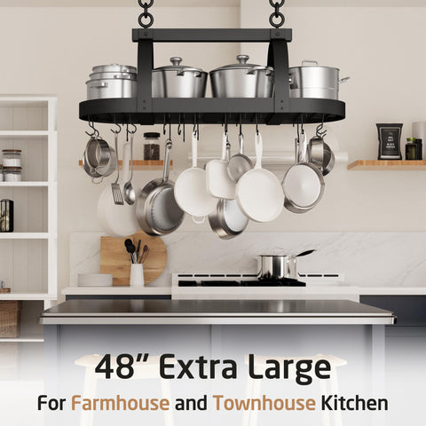 KES pot rack 20-hooks close-up illustrating versatile hooks for pots and lids