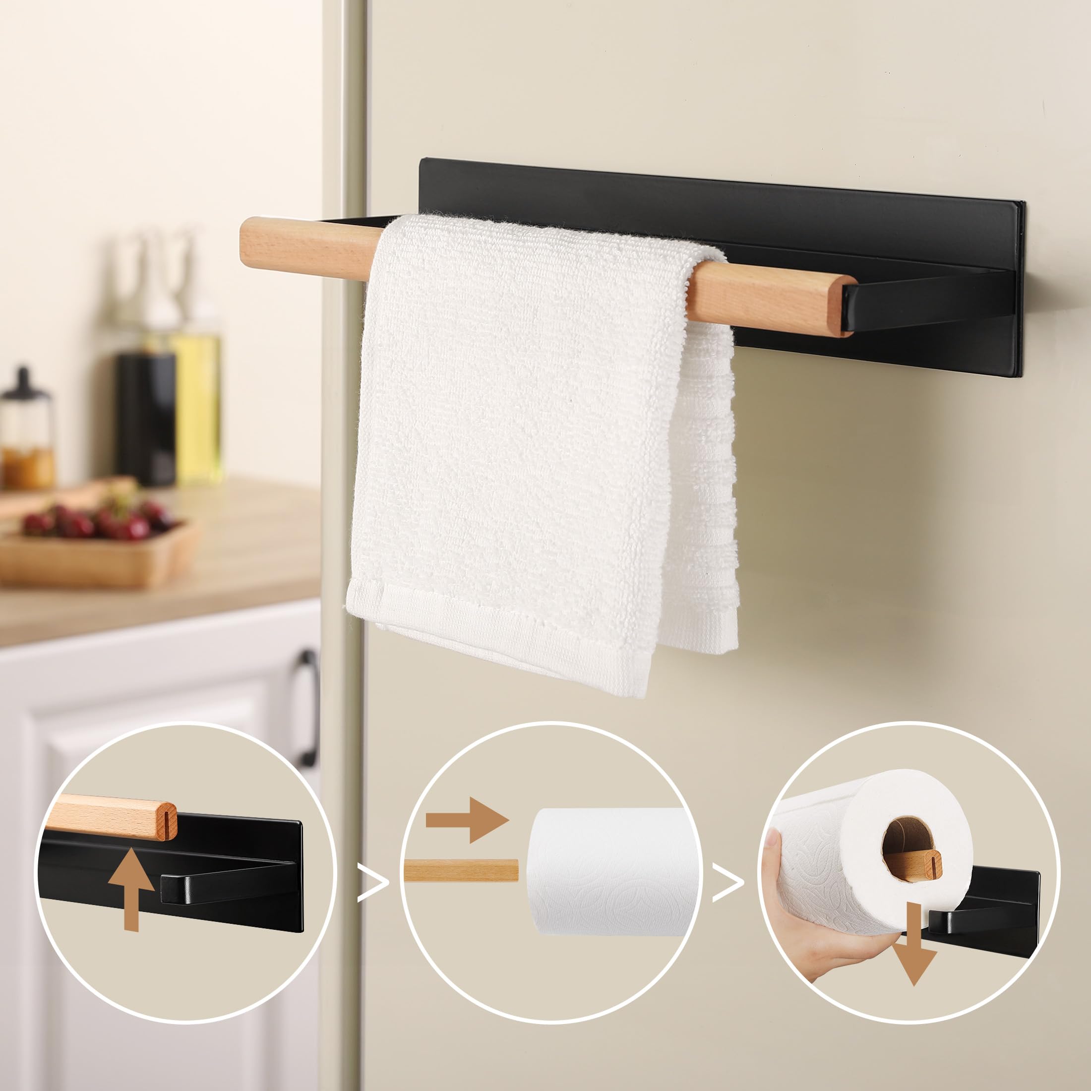 KES paper towel holder with wooden crossbar, secure roll loading for mess-free setup.