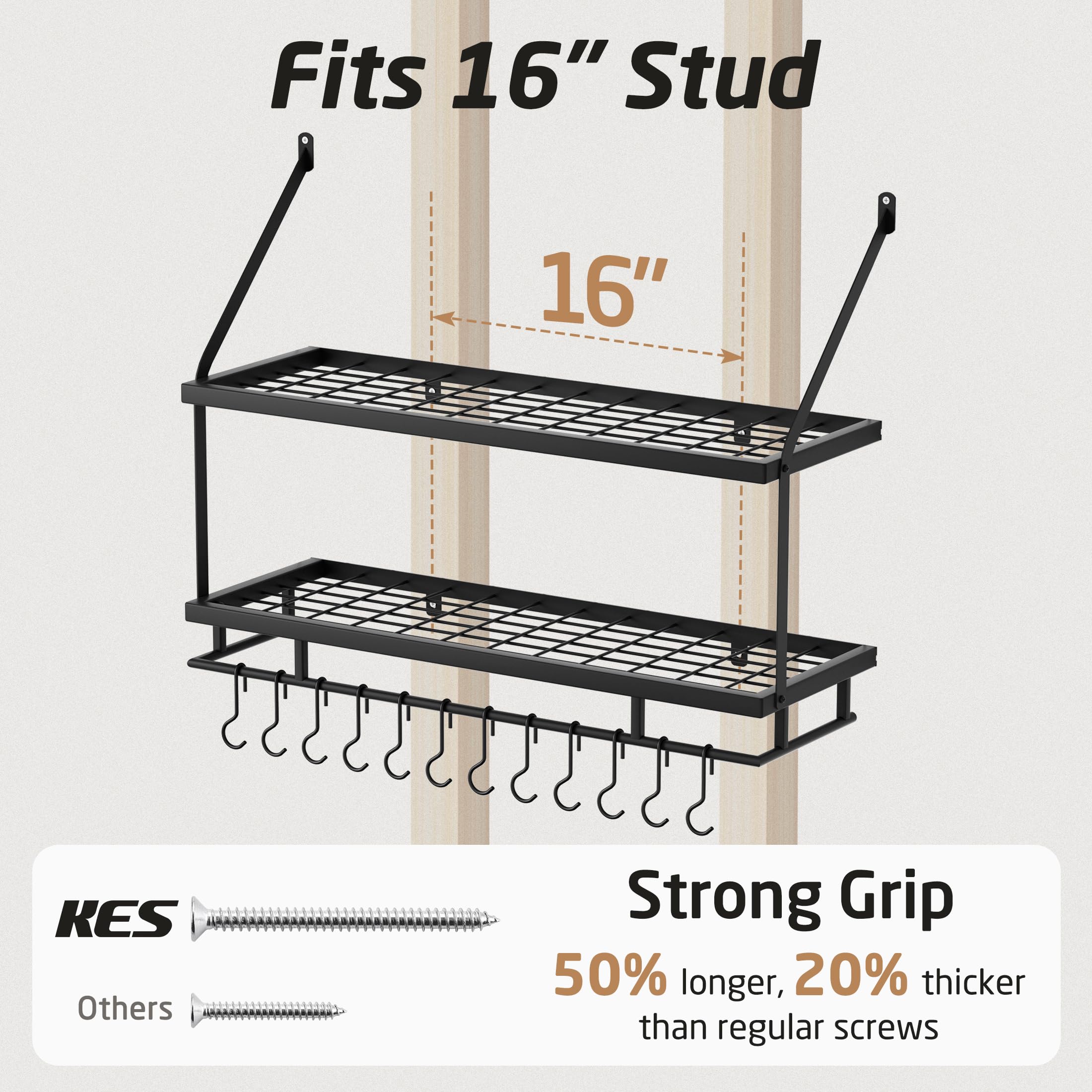 KES pot rack supports up to 100 lbs for heavy pots.