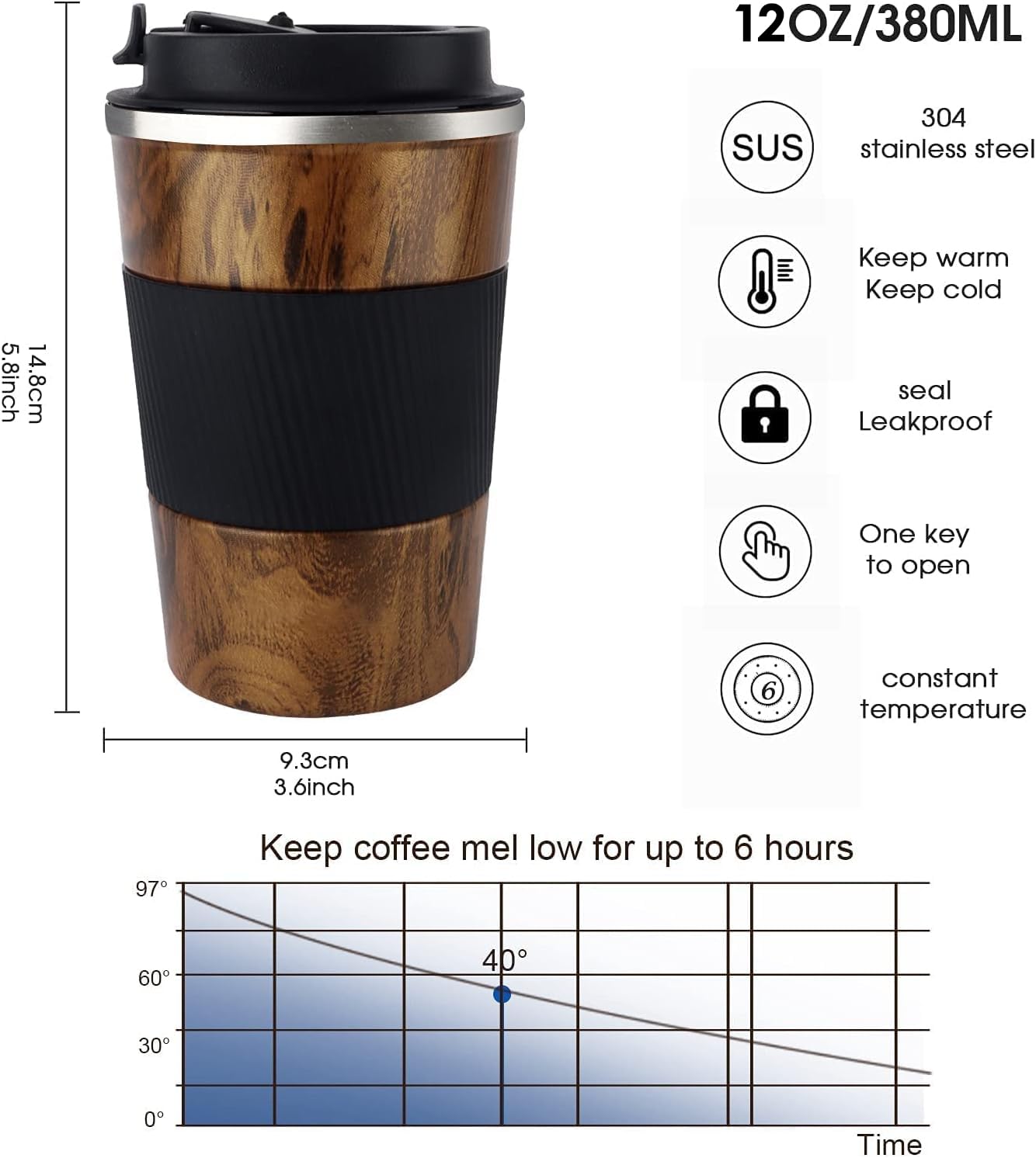 KETIEE compact 5-7in height travel mug for versatile placement