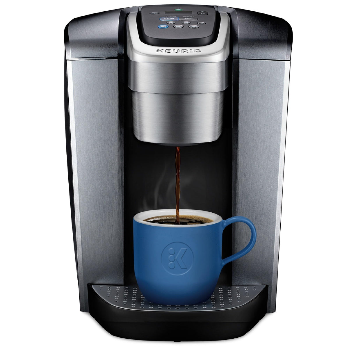 Keurig K-Elite brushed-silver front view adds modern flair to kitchens.