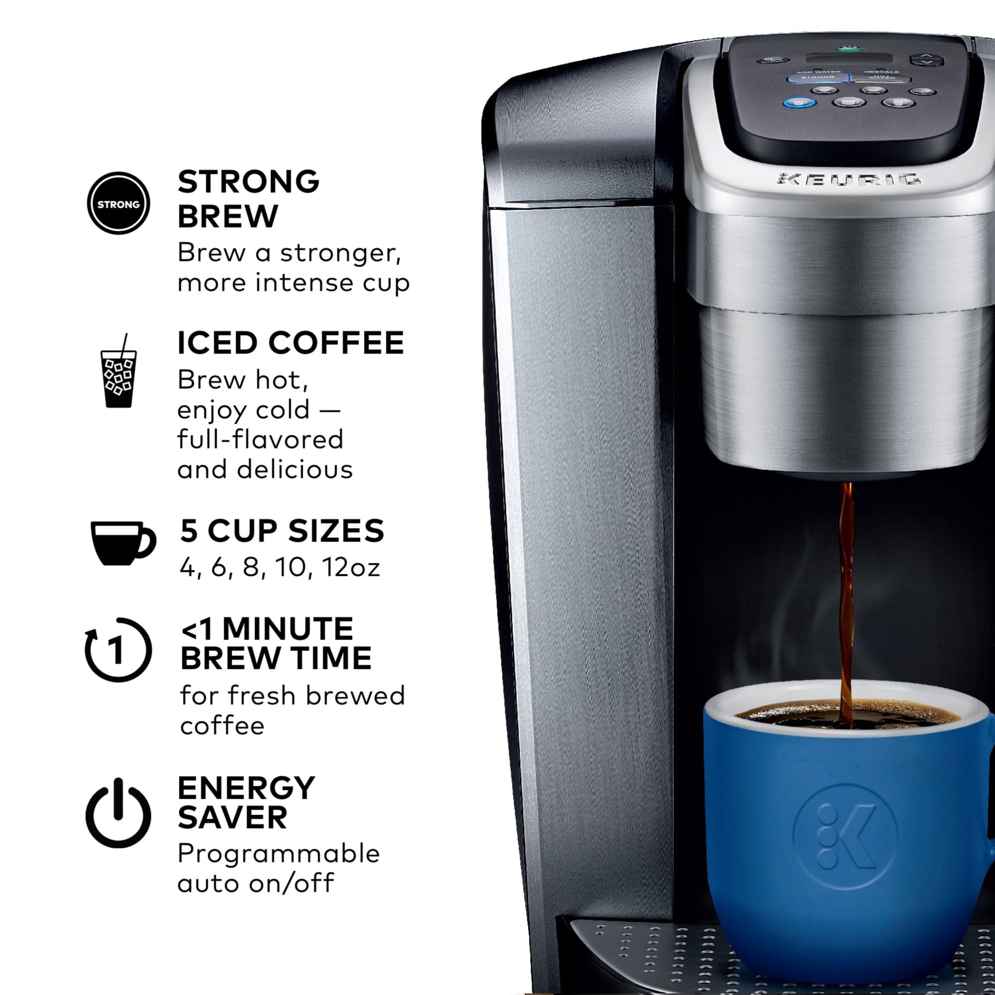 Keurig K-Elite iced-coffee setting demonstrates hot brew over ice.