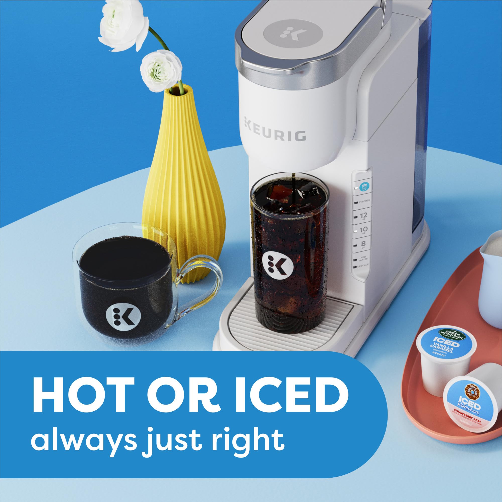 Keurig K-Iced brew-over-ice button in action for perfectly balanced iced coffee.