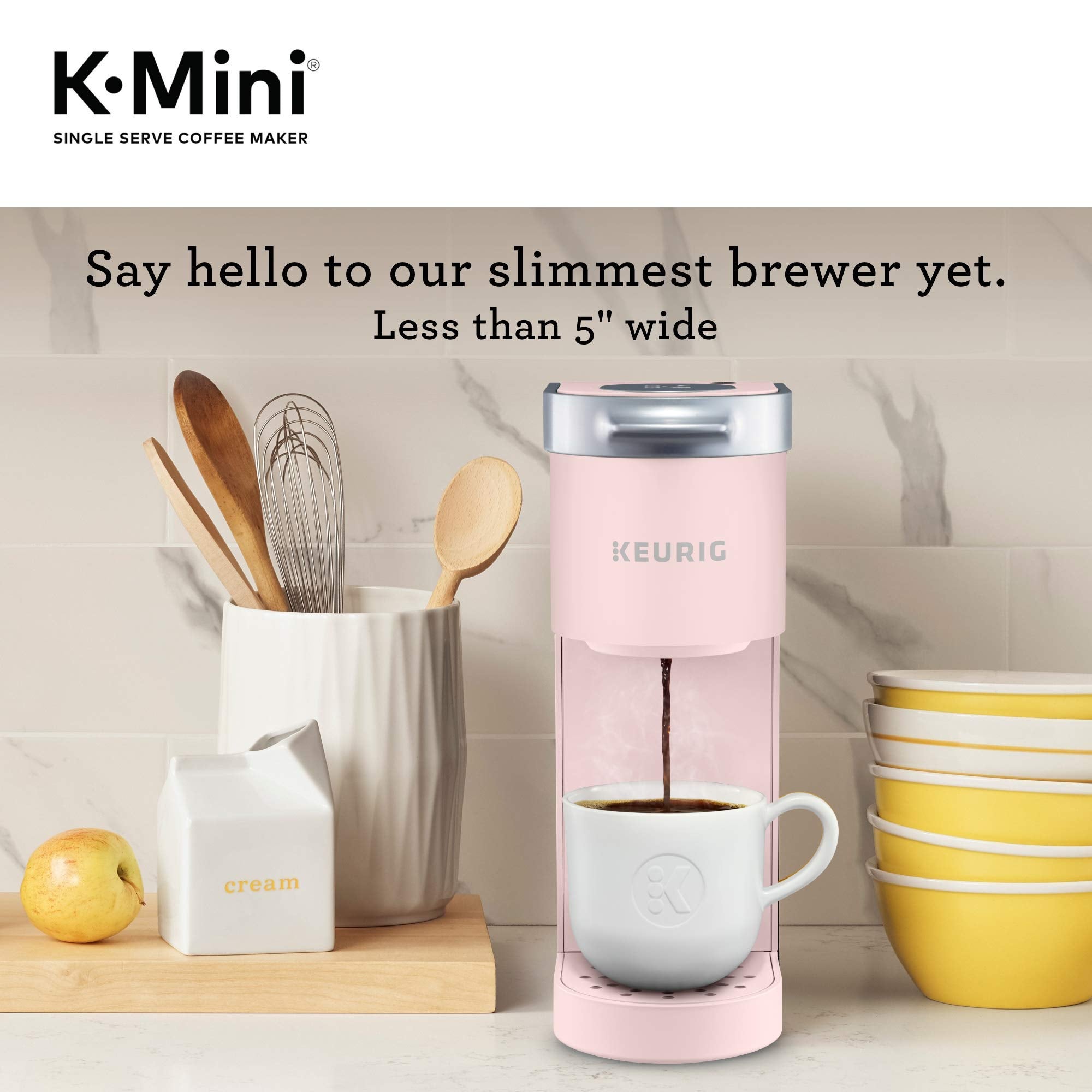 Keurig K-Mini Dusty Rose in a compact size ideal for tight counters.