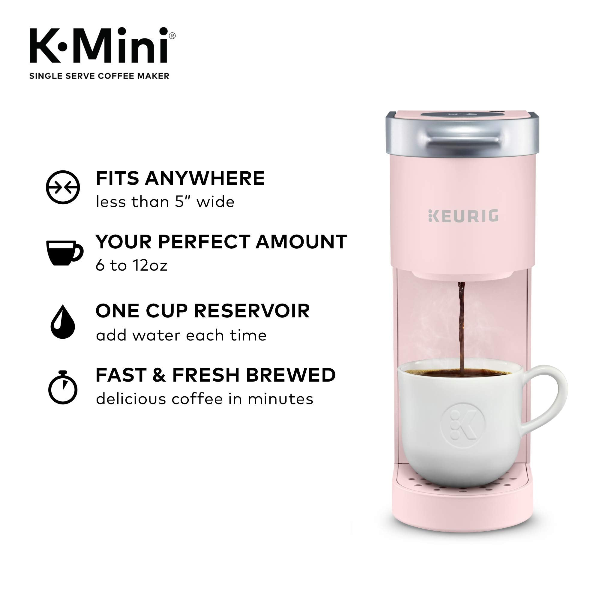 Keurig K-Mini Dusty Rose on a desk counter for quick coffee.