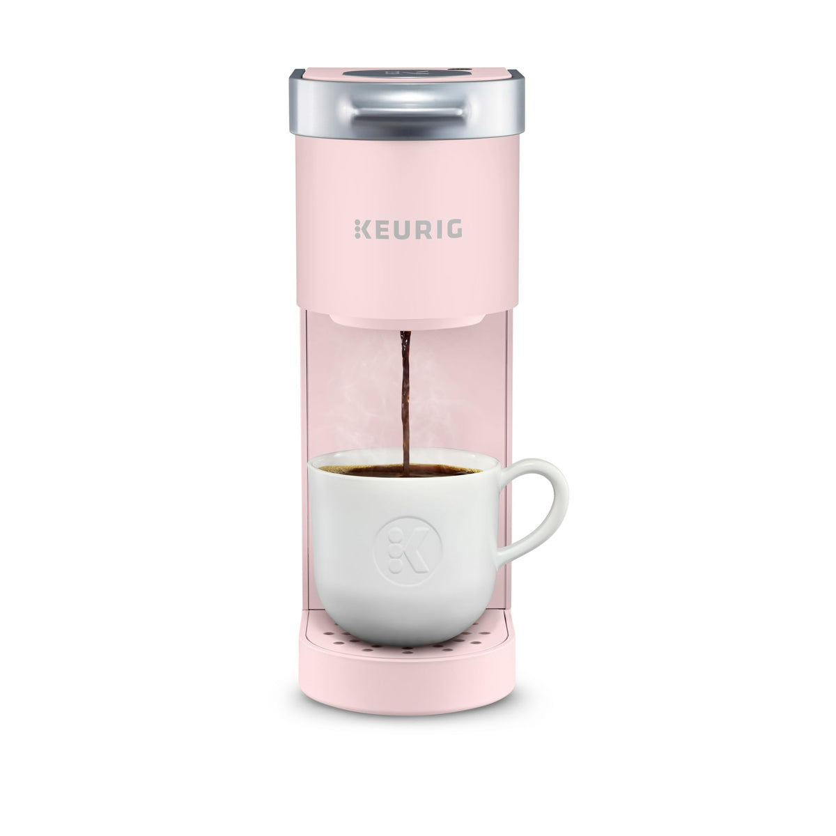 Keurig K-Mini Dusty Rose front view showing compact design for small spaces.