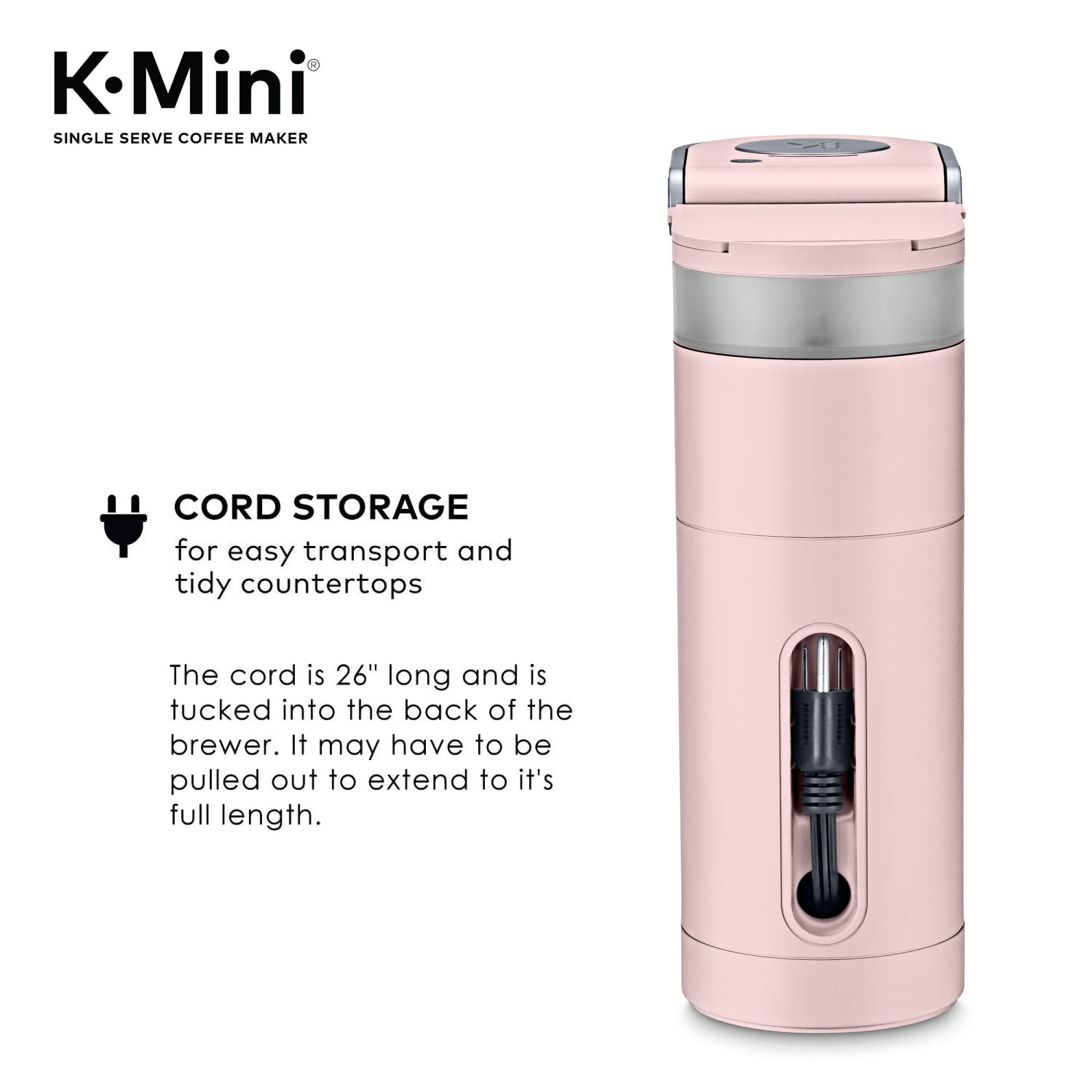 Keurig K-Mini Dusty Rose with removable drip tray fitting travel mugs up to 7 inches.