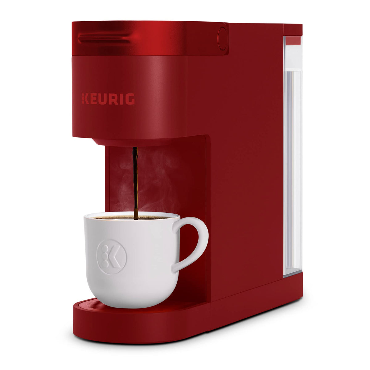 Keurig K-Slim compact coffee maker in Scarlet Red for space-saving countertops.