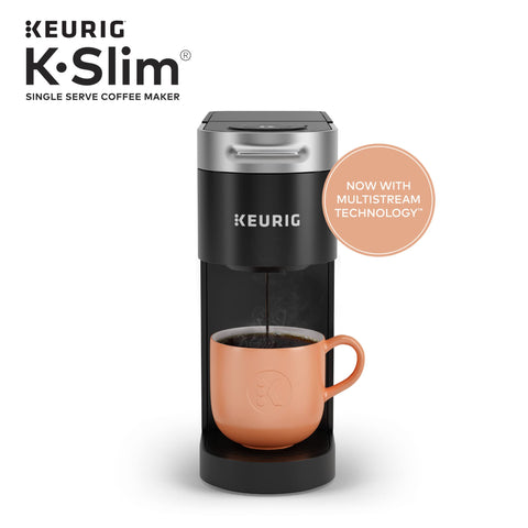 Keurig K-Slim side profile in a small kitchen setting, space-saving design