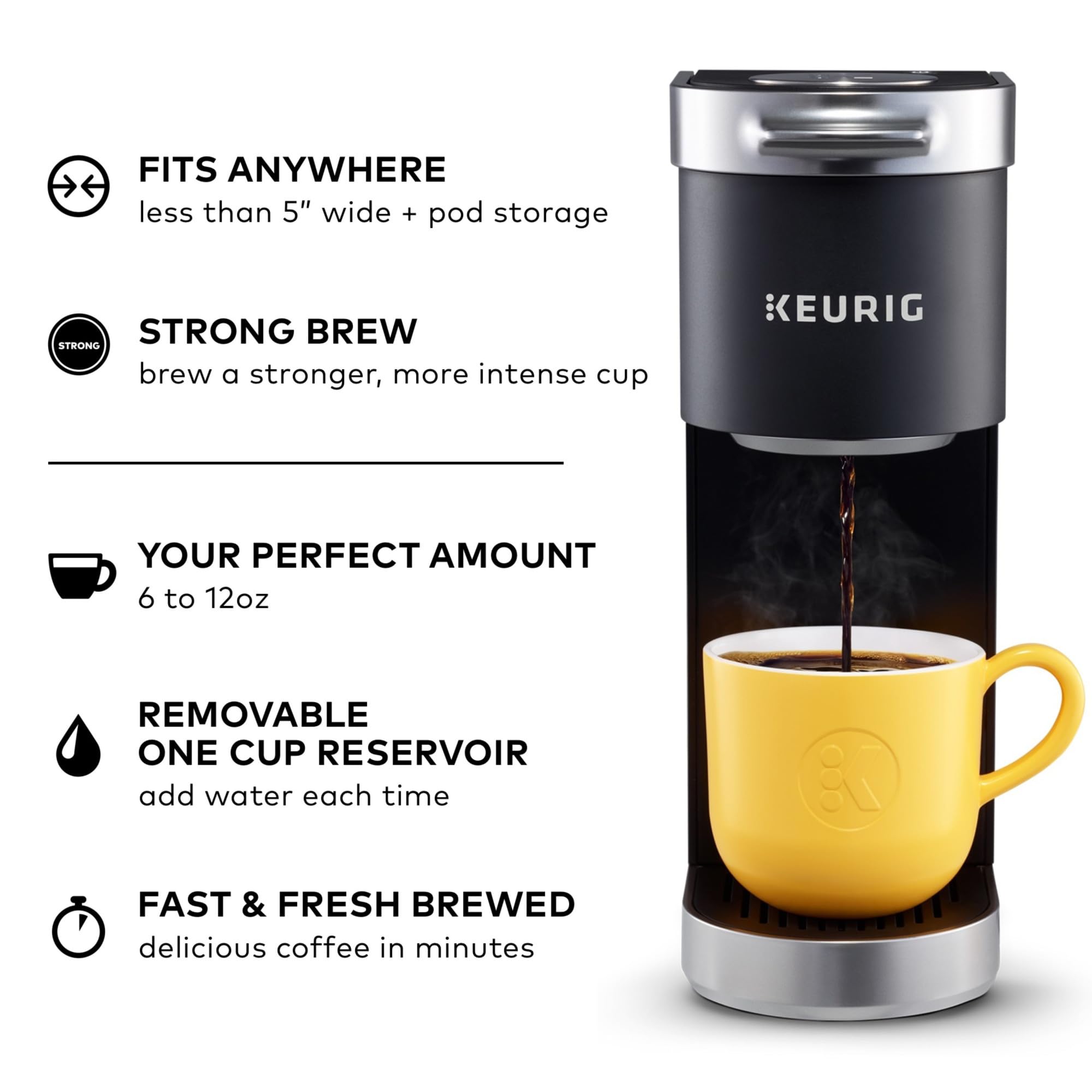 Front view of Keurig K-Mini Plus with sleek matte black finish for modern kitchens.