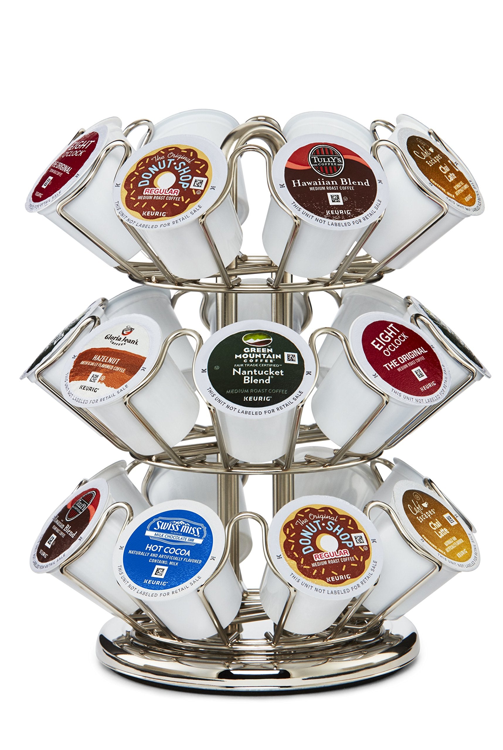 Keurig Pod Carousel in silver spinning action illustrating quick pod retrieval and clutter-free counter.