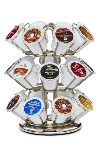 Keurig Pod Carousel in silver spinning action illustrating quick pod retrieval and clutter-free counter.