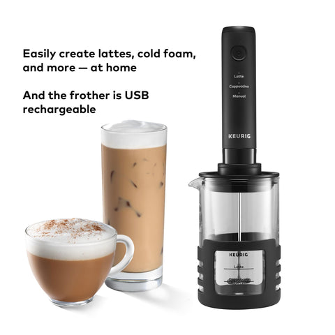 Keurig SimpleCafé Frother with dishwasher-safe cup and whisk for easy cleanup.