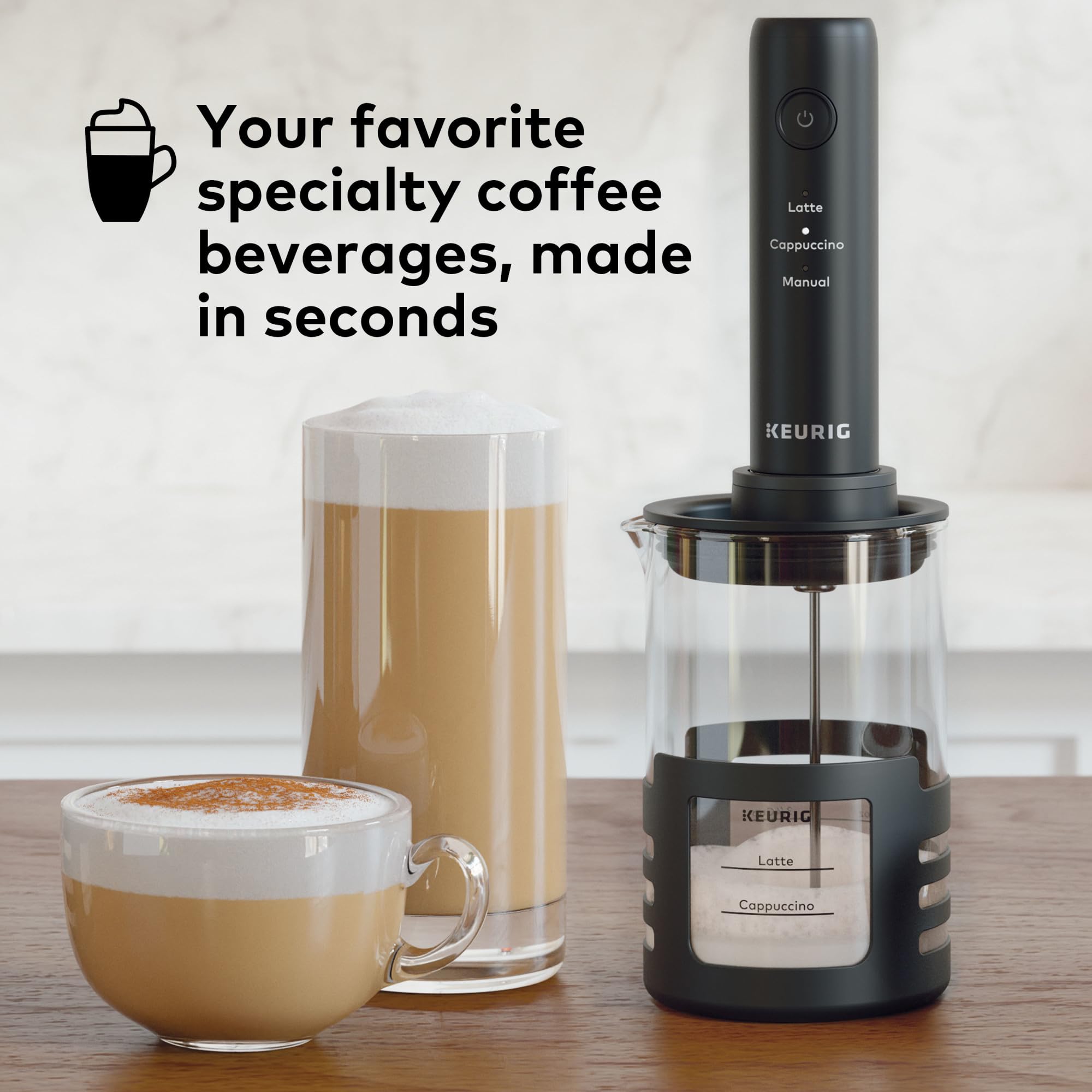 Keurig SimpleCafé Frother latte setting delivers consistent froth every morning.