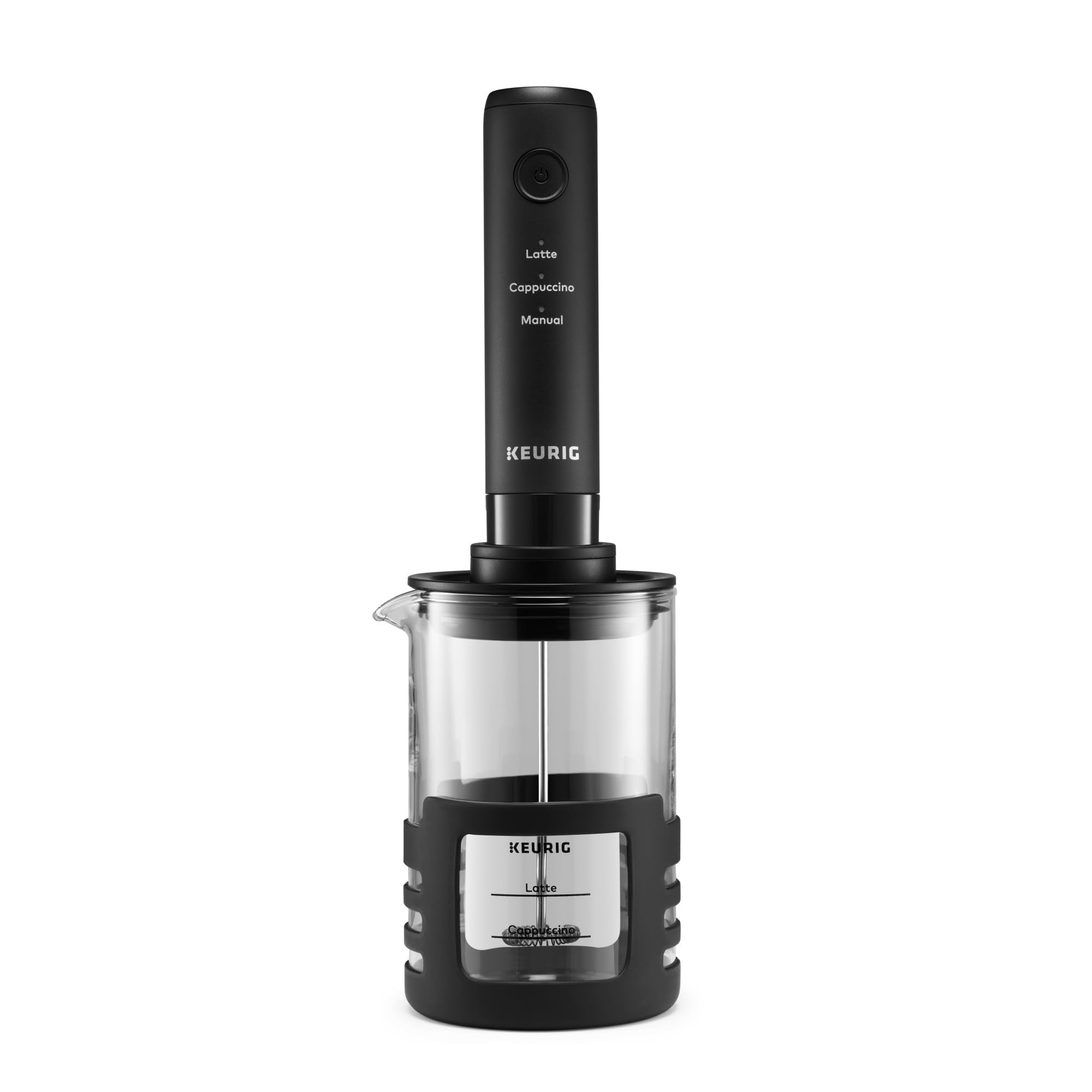 Keurig SimpleCafé Frother setup with microwave-safe cup for precise milk frothing.