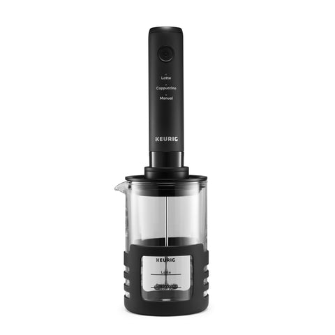 Keurig SimpleCafé Frother setup with microwave-safe cup for precise milk frothing.