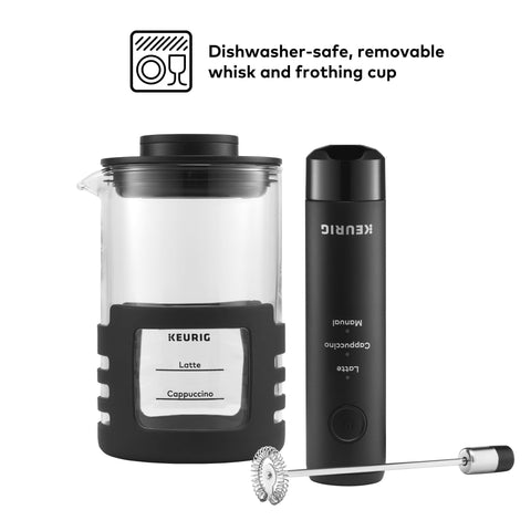 Keurig SimpleCafé Frother USB-rechargeable with cord included for ready use.