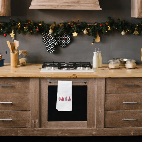 KEUSPI towel draped on kitchen counter highlighting festive color and absorbency