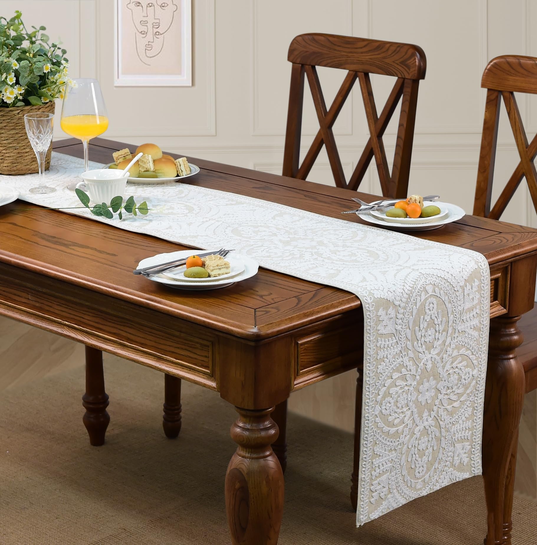 KEVA vintage white runner on table enhances decor.