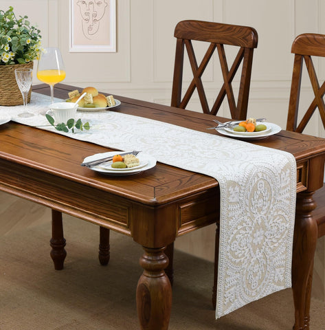 KEVA vintage white runner on table enhances decor.