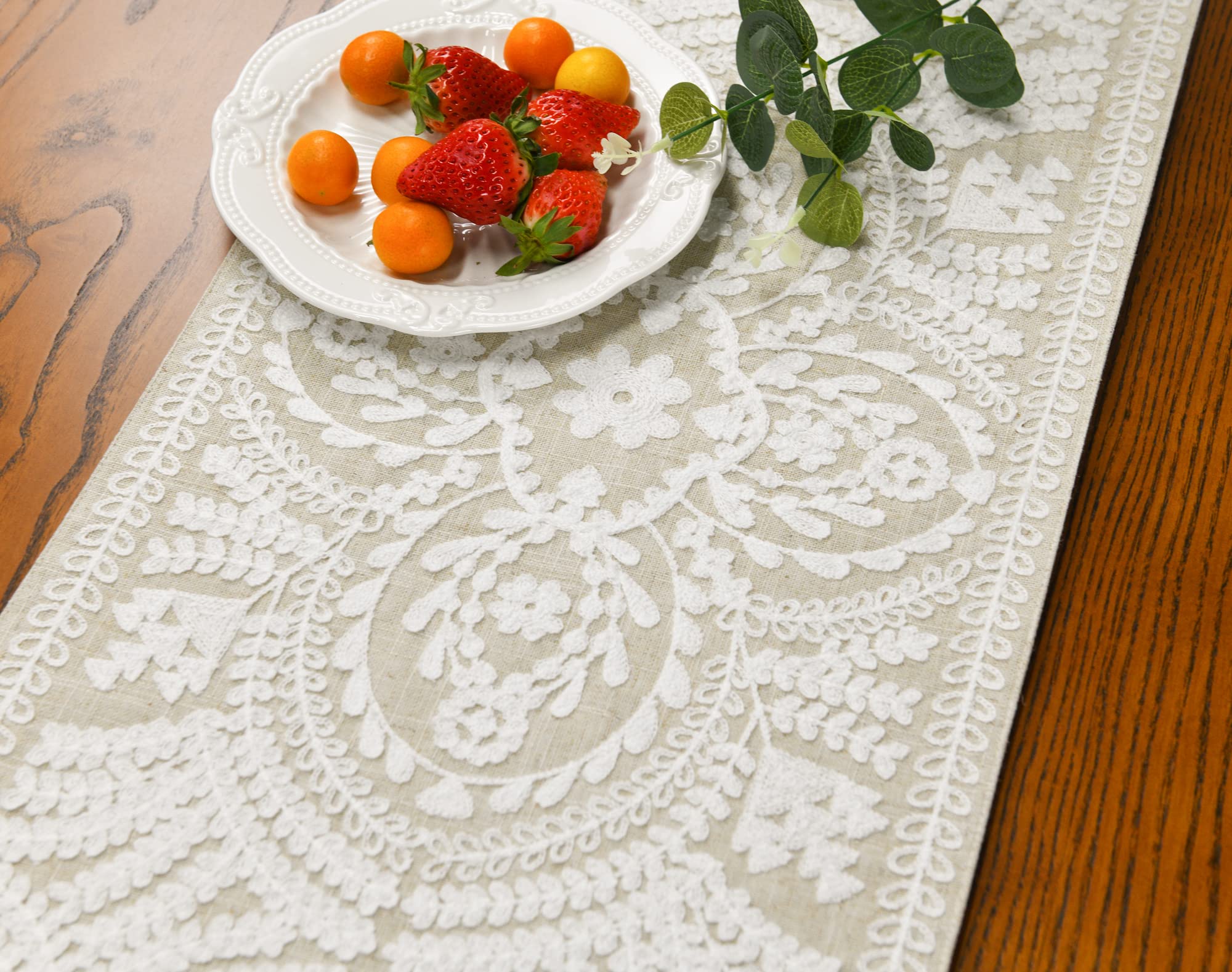 KEVA white chain embroidery close-up shows delicate boho pattern.