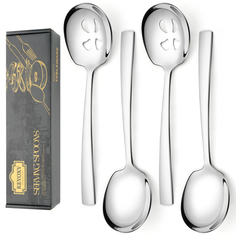 Keyoxy four-piece serving spoons with large spoon for easy portioning at gatherings.
