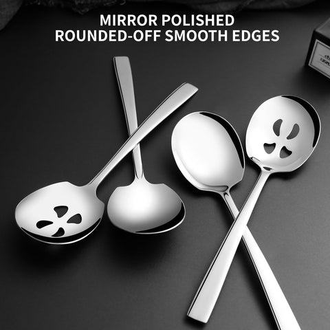 Keyoxy four-piece serving spoons with slotted spoon for draining liquids.