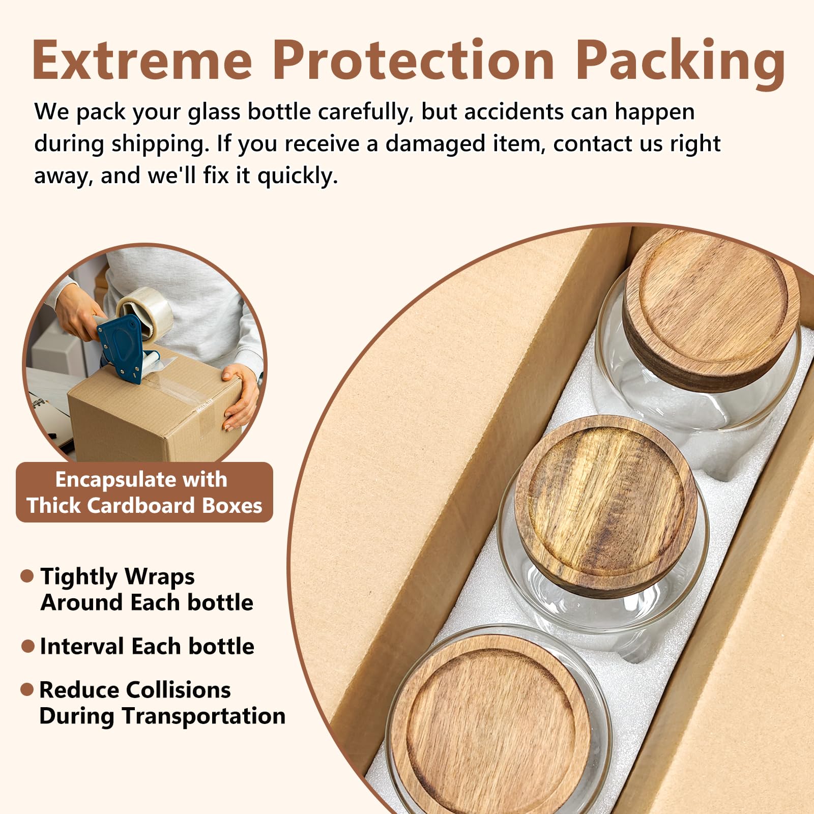 Acacia wood lids add natural style and a secure seal