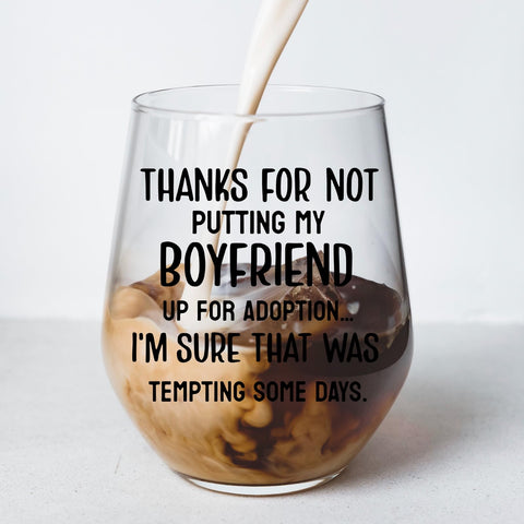 KFK stemless-wine-glass humor gift for mother-in-law—great for gatherings.